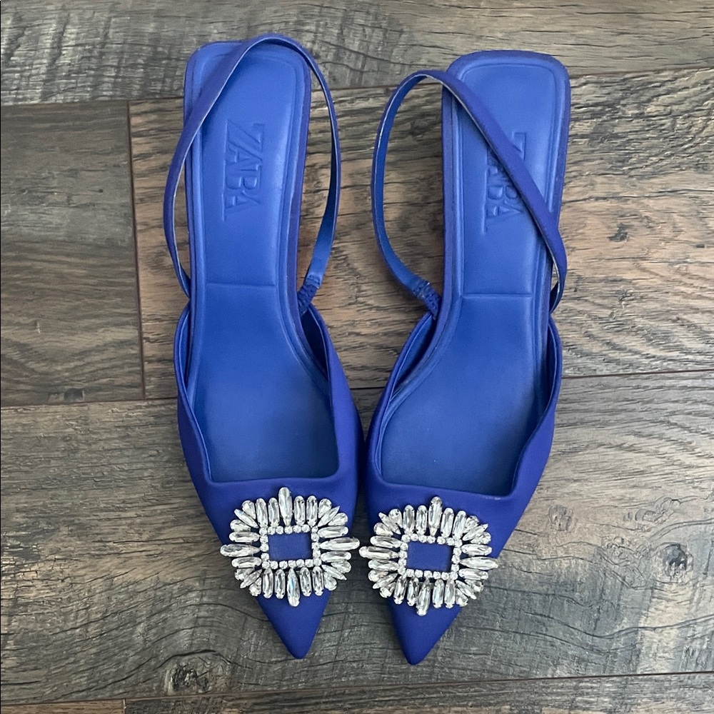 Zara Royal Blue sling back kitten heels with Crystal Buckle